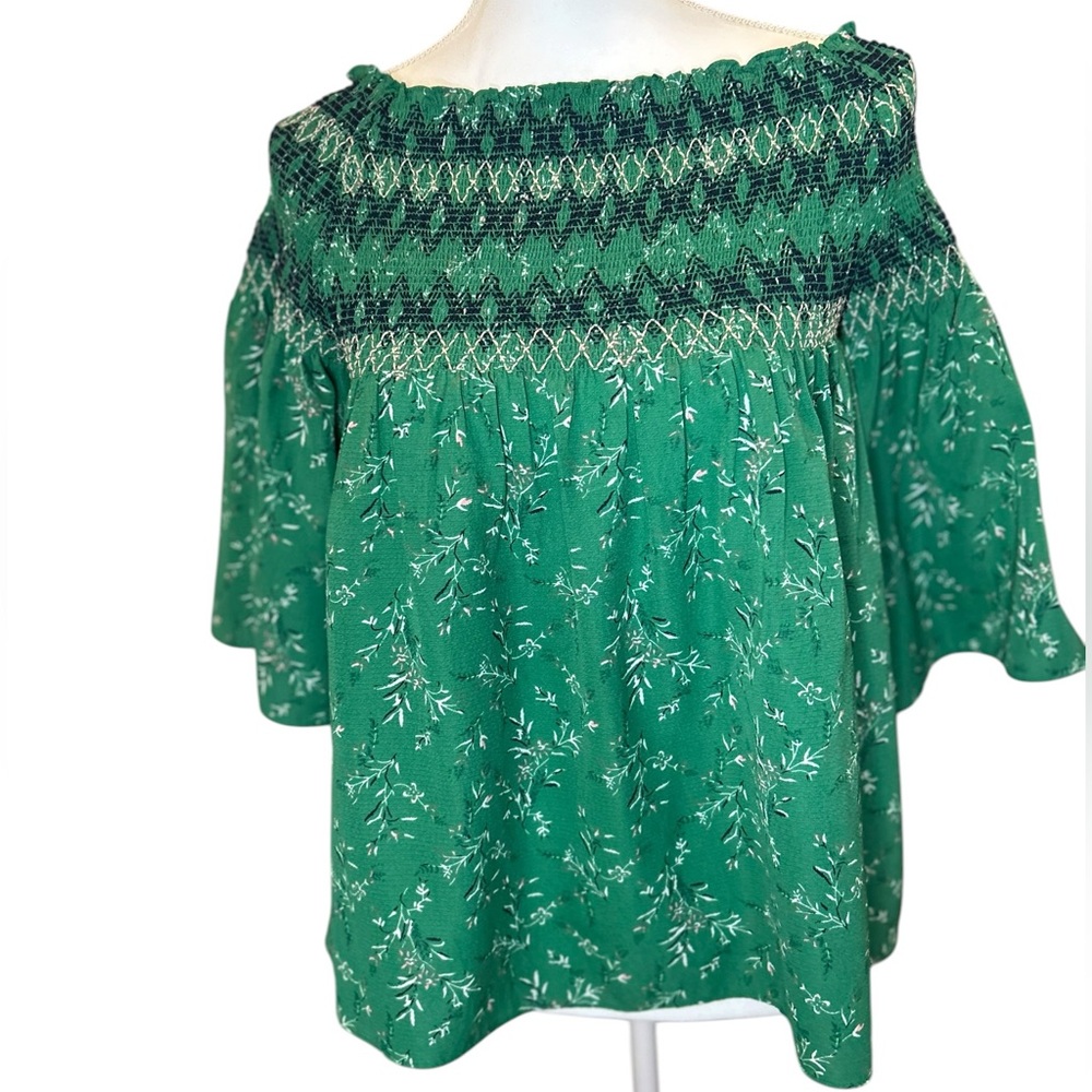 Thml Green off shoulder embroidered Peasant top women Boho floral smocked blouse